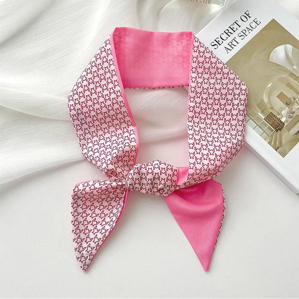 All-match Ribbon Headband Silk Scarf Flower Hair Tie Printed Scarf Neckerchief Pink Long Scarf Female