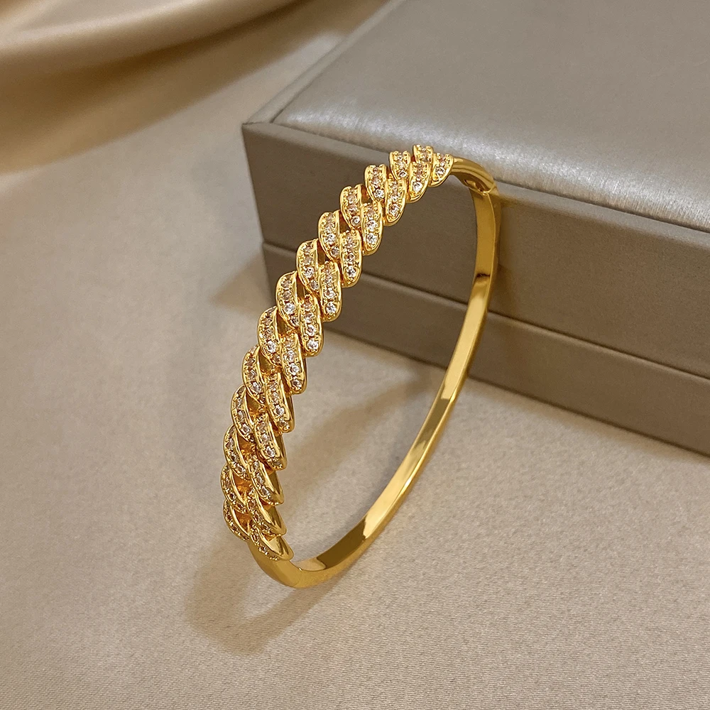 Greatera جودة عالية حجر الراين مربع سلسلة الربط النحاس سوار المد متعدد نمط اختيار مطلي الذهب تصميم الكفة الإسورة