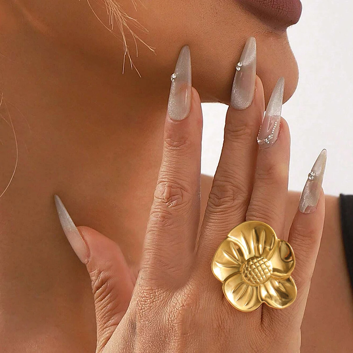 Stainless Steel Ring Sunflower Large Flower Engraved Textured Ring Women's Elegant Vintage Rustic Jewelry Outing Party Matching