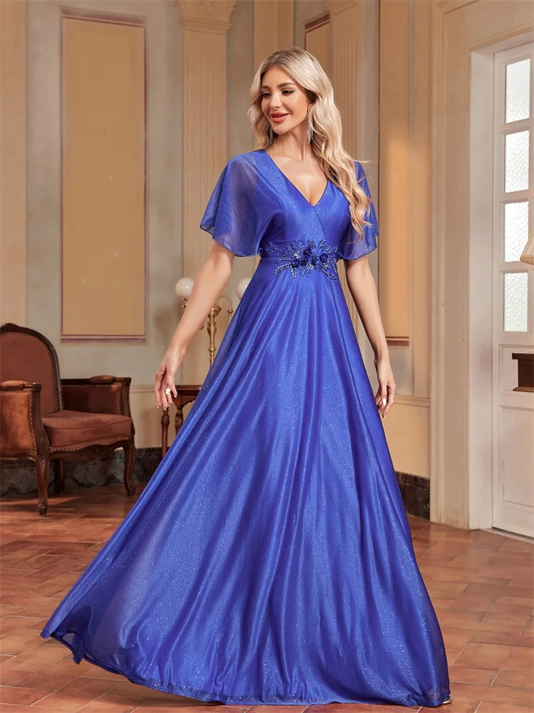 Lucyinlove Elegant Royal V-neck Formal Evening Dress 2024 Women Short Sleeves Applique Wedding Party Dresses Long Gowns