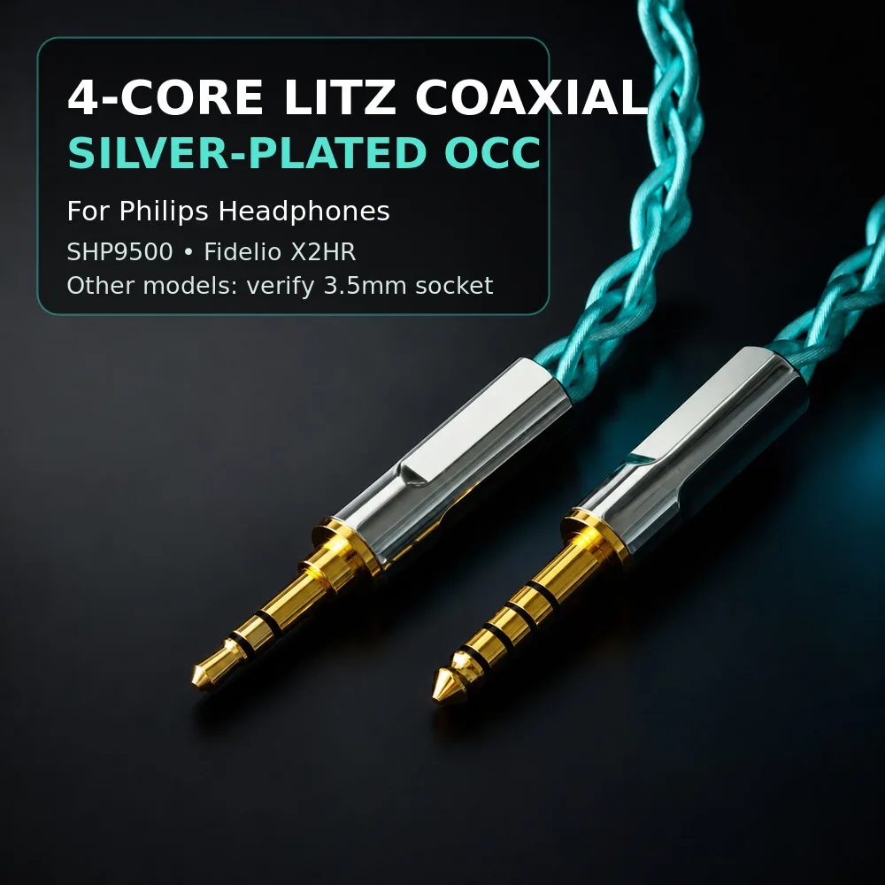 필립스 SHP9500 X2HR 2.5/4.4mm 밸런스드 3.5mm SE 1.2m HiFi 업그레이드 코드용 4 코어 리츠 동축 은도금 OCC 오디오 케이블