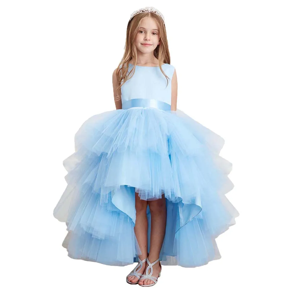 맞춤형 웨딩 플라워 걸 드레스 티어드 튤 하이로우 프린세스 파티 드레스 리본 포함 2-14세 어린이 생일 파티 볼 가운