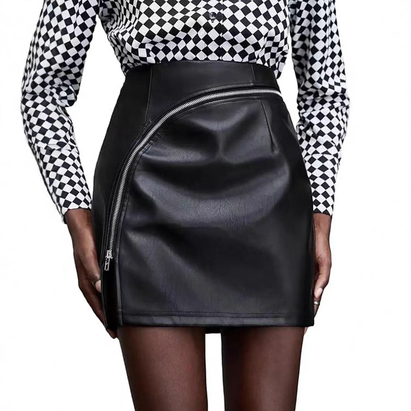 

Fashion Waist-cinching Bodycon Patchwork Zipper Slit Skirt Pu Solid Color Versatile Women's Skirt Dress Robe Vestido Women