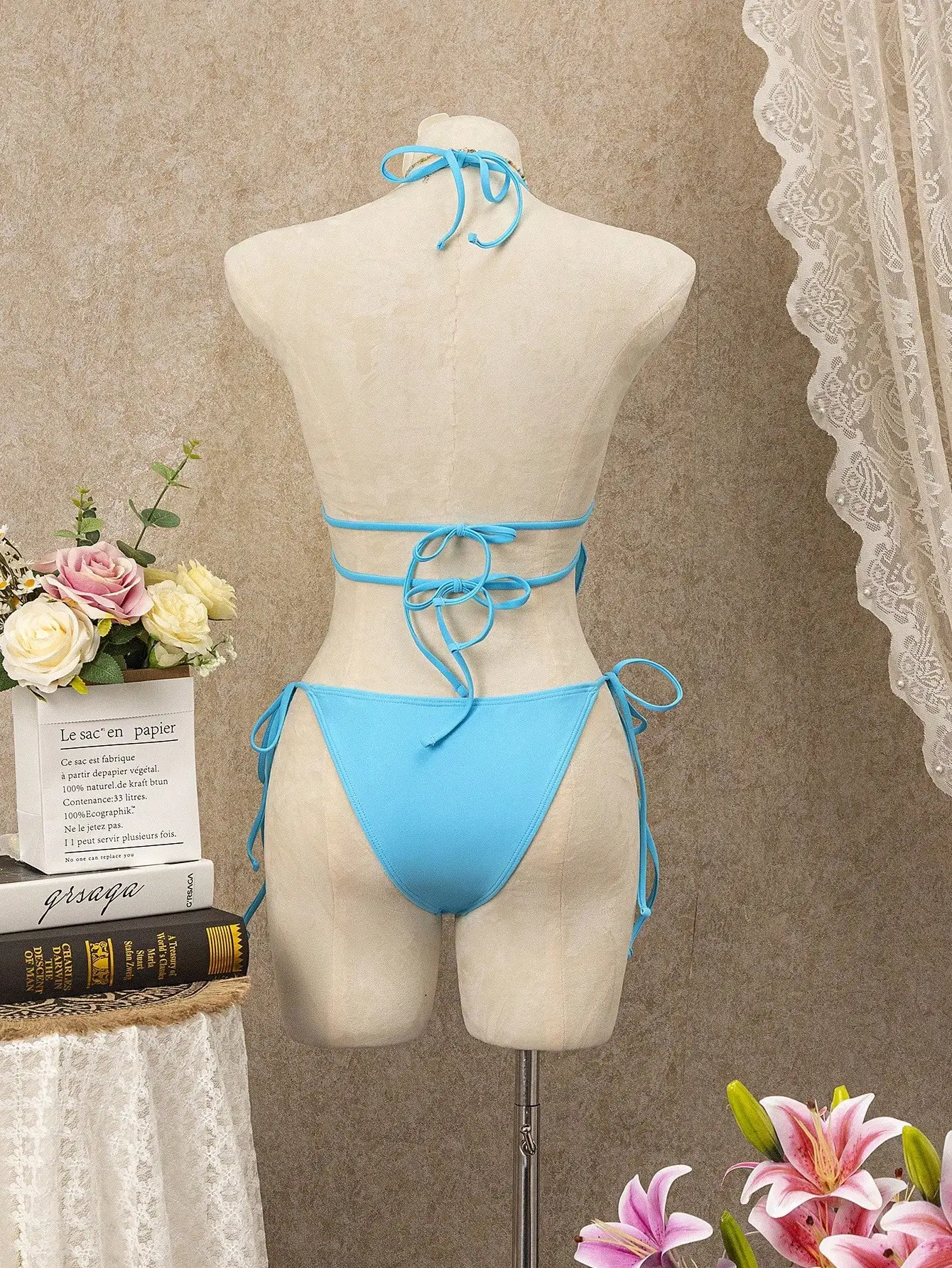 

Summer Women 2pcs Bikini Set Floral Embroidered Halter Backless Beach Vacation Swimsuit