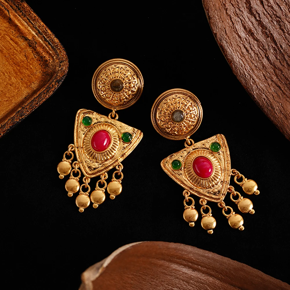 Medieval Retro Red Stone Tassels Gold-plated Earring Classic Vintage Fashion Moroccan Jewelry For Women