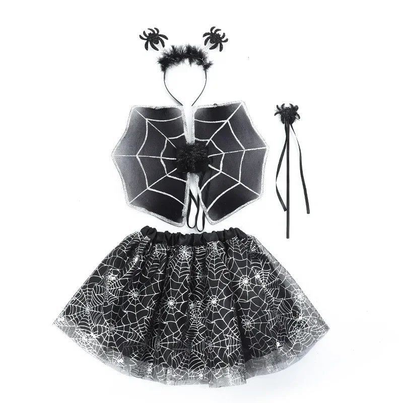 

Children Girls Spider Costume Set Wings Skirt with Headband Black Tutu Magic Wand Dress Up Party Bar Cosplay Halloween