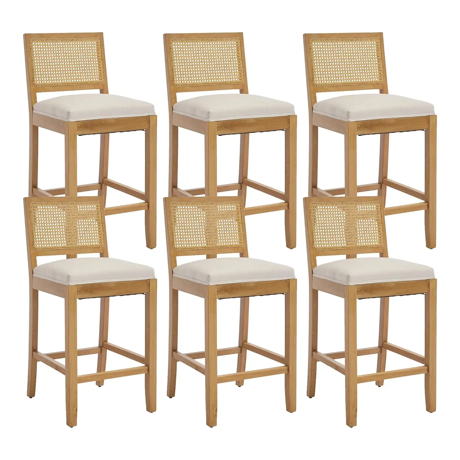 

Wood Rattan Bar Stool Linen Seat Foam Height Adjustable Rustic Kitchen Dining Set 6, Customized