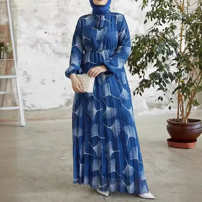 Women Dress Long Dresses Print Casual Pleated Tight Waist A Line Vestidos Slim Fit Round Neck Full Sleeve Elegant Splice Summer