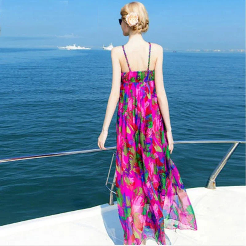 New Silk Dress Gown Women Shell Natural High Quality Holiday Beach dress Elegent Rose Print dresses girl Free Shipping