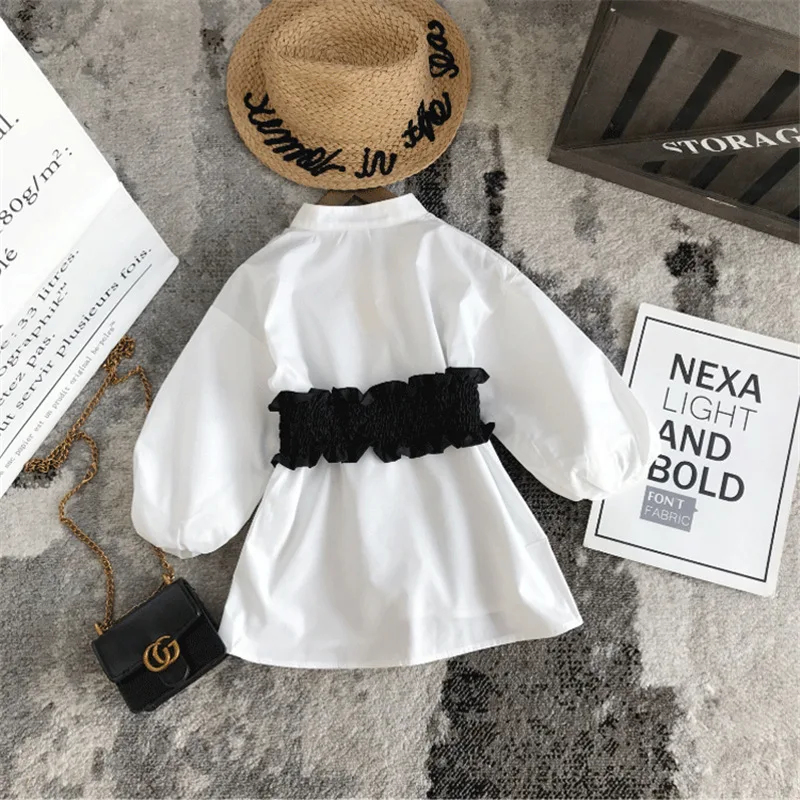 Girl Shirts Spring Autumn Kids Clothes Girls Sashes White Shirt Long Loose Shirt Cotton Top  for Toddler 2 3 4 5 6 7 8 9 Years