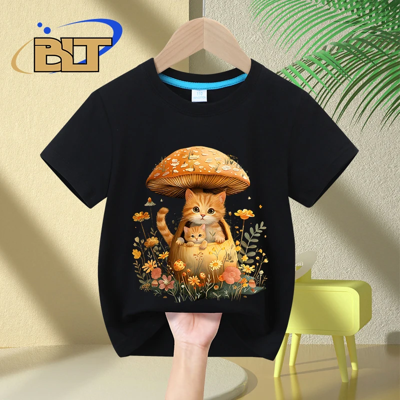 Cat mushroom retro print kids T-shirt summer children's pure cotton short-sleeved casual tops boys and girls gifts