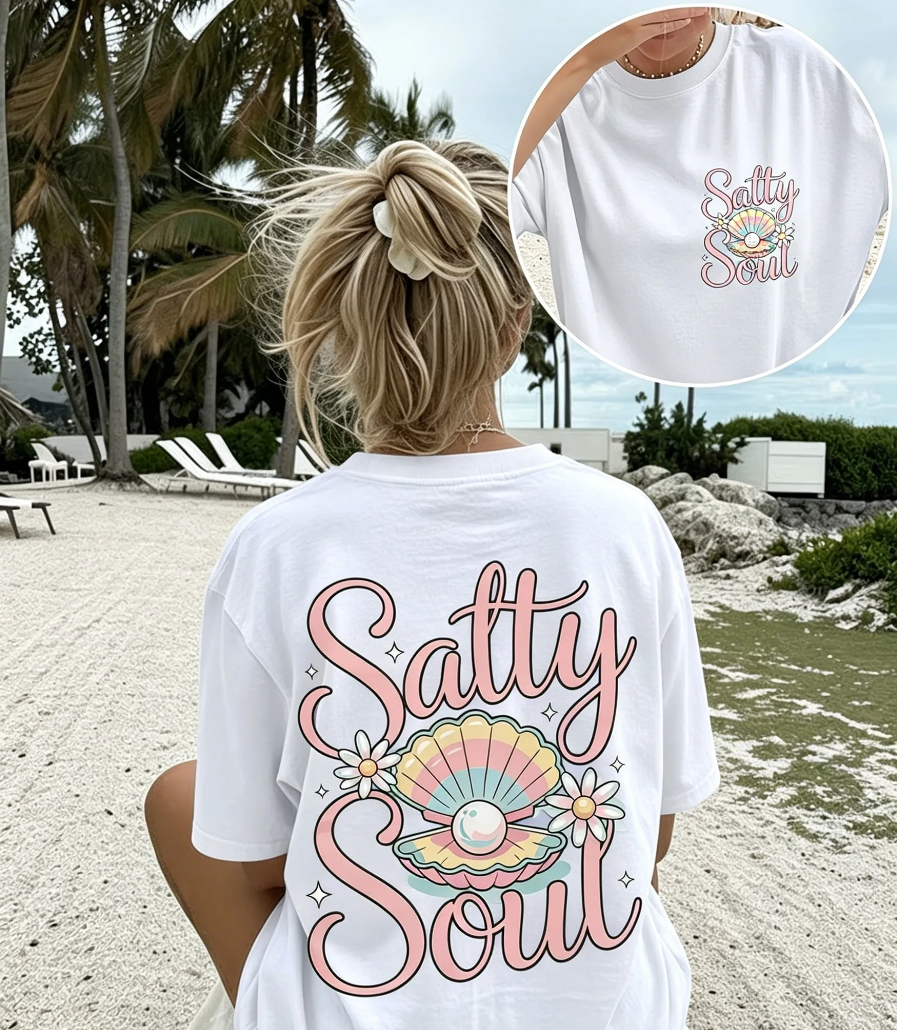 Salty Soul Seashell Pearl Graphic Tee Retro Coastal Beach Vibes Summer Vacation Oversized T-Shirt for Women Casual Streetwear