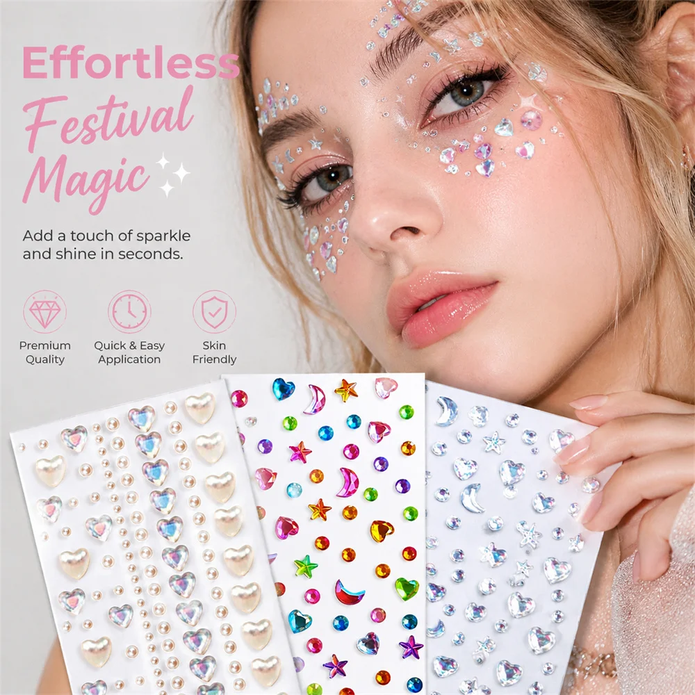 3Pcs/Set Shiny Moon Star Heart Face Rhinestone Stickers Self‑Adhesive Gem Decals For Music Party Carnival Women Makeup Accessory