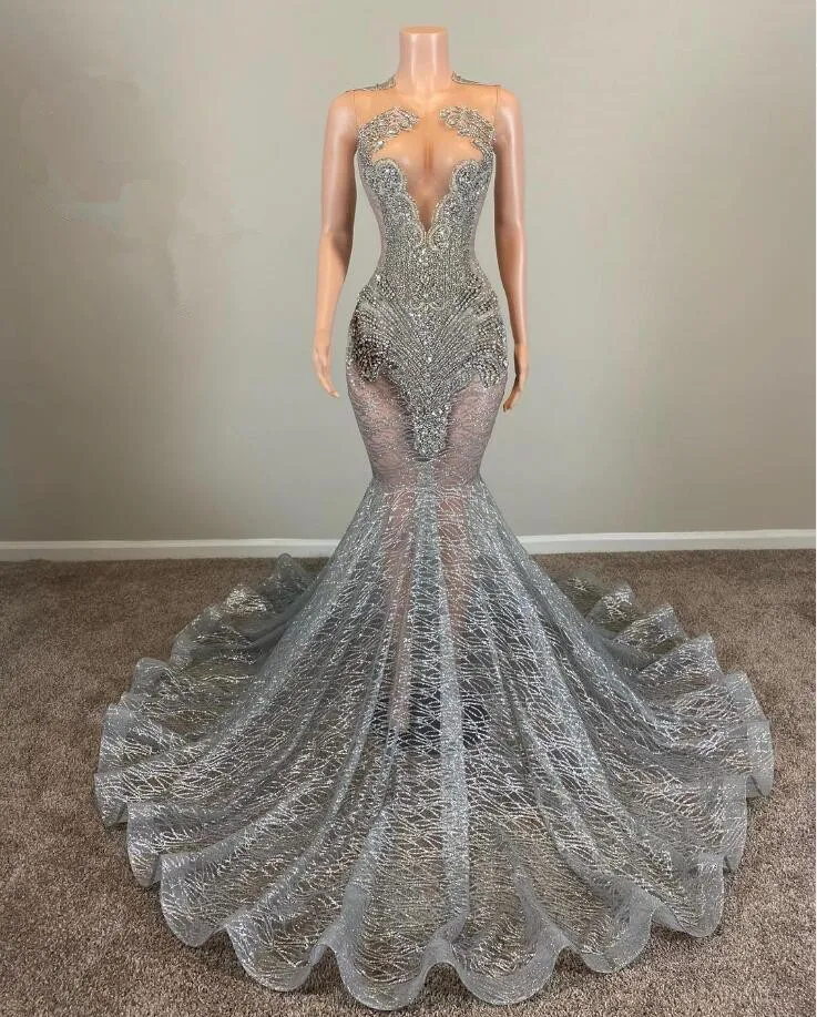 Robe de Rhsirène en maille transparente pour femme, robe de Rhnoire, cristal de luxe, paillettes argentées, Staon, anniversaire de fille