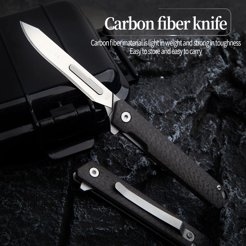 Carbon Fiber Scalpel Folding Knife Outdoor Tactical Survival Hunting Camp EDC Portable Self-defense Knife Free 10 Blades #60#24