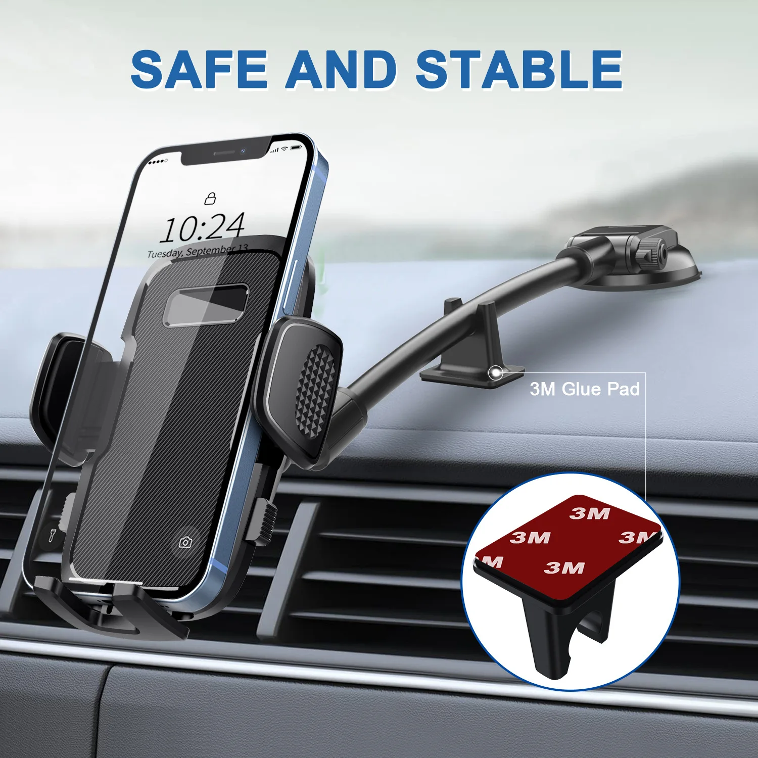 Dashboard Car Phone Holder【360° Widest View】9in Flexible Long Arm, Universal Handsfree Auto Windshield Air Vent Phone Mount 2023