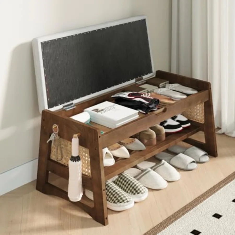 

Скамья-органайзер с откидной крышкой и мягким сиденьем для прихожей, фойе, гардеробной, гостиной, спальни - из массива дерева, серая, компактная, экономит пространство