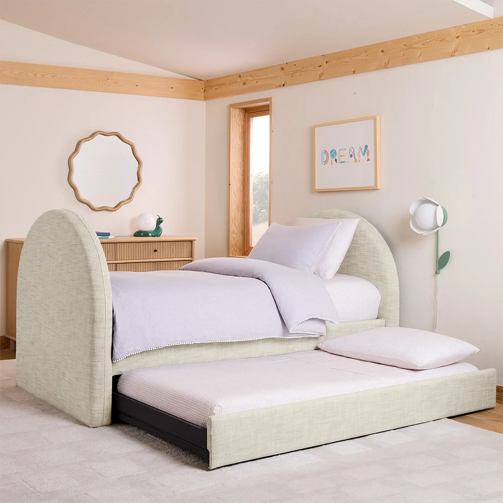 Custom Modern Upholstered Twin Size 2 Layer Platform Bunk Bed with Soft Headboard Wood Kid Bedroom Home Children Furniture Set