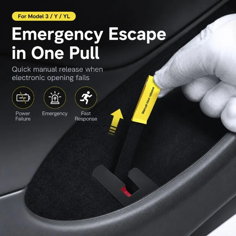 2PCS Manual Rear Door Release Pull Strap for Tesla Model 3 Y YL Emergency Mechanical Unlock Handle Hidden Interior Design Kit