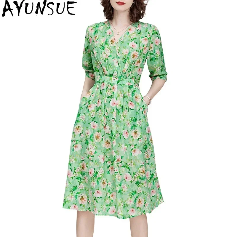 

AYUNSUE 100% Real Mulberry Silk Dresses Summer 2024 Woman Party Green Mid Dress Luxury Fashion Women Clothing Vestido Verde