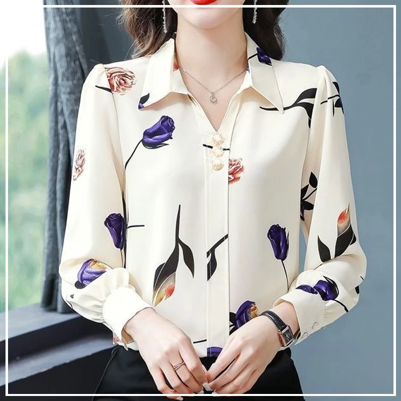 

2024 Spring and Summer Minimalist Commuting Fashion Casual Loose Plus Oversize Exquisite Printed Long Sleeved Polo Collar Shirt