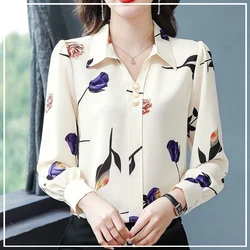 2024 Spring and Summer Minimalist Commuting Fashion Casual Loose Plus Oversize Exquisite Printed Long Sleeved Polo Collar Shirt