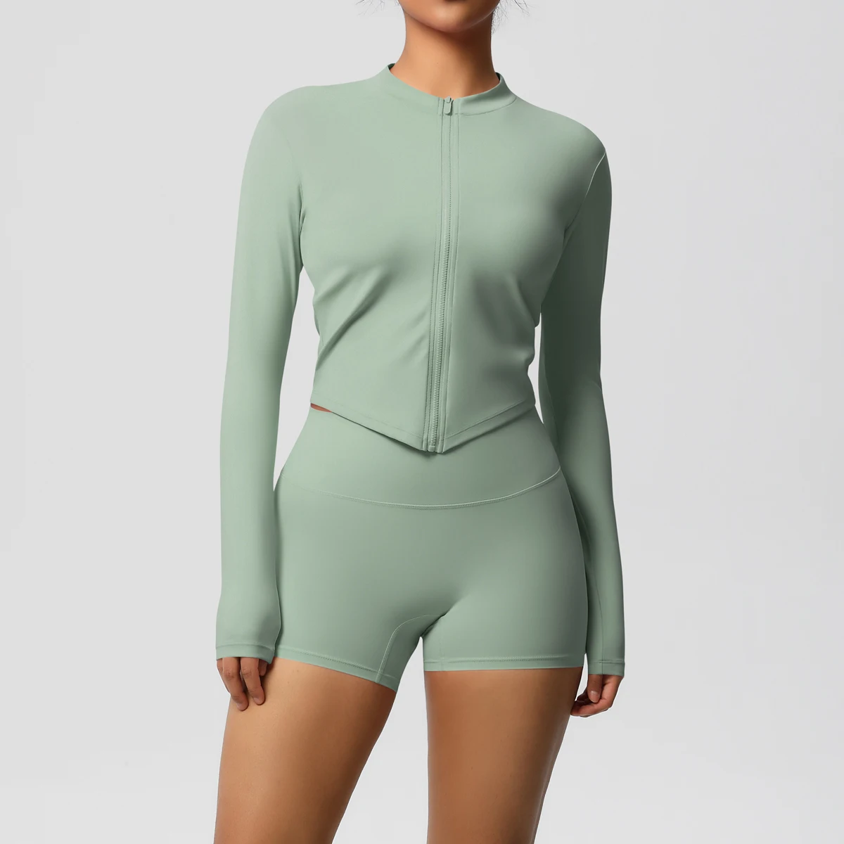 Setelan olahraga Yoga setelan olahraga wanita, jaket ritsleting ketat angkat pinggul, setelan Yoga celana pendek Gym olahraga lari untuk wanita