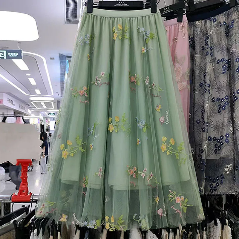 Wiosenna moda damska, spódnice z wysokim stanem, rozkloszowane, plisowane, długie spódnice letnie z siateczki, tiulu, haftowane, w kwiaty, koreańskie, eleganckie, codzienne spódnice.