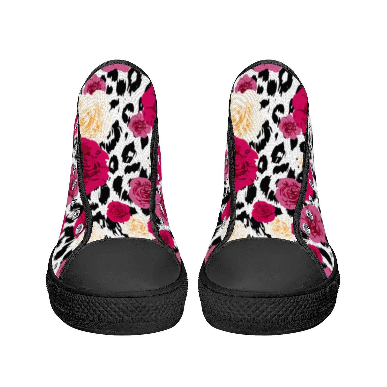 Leopard  rose print classic red high-top canvas shoes with l are flat and suitable for men and women view 4