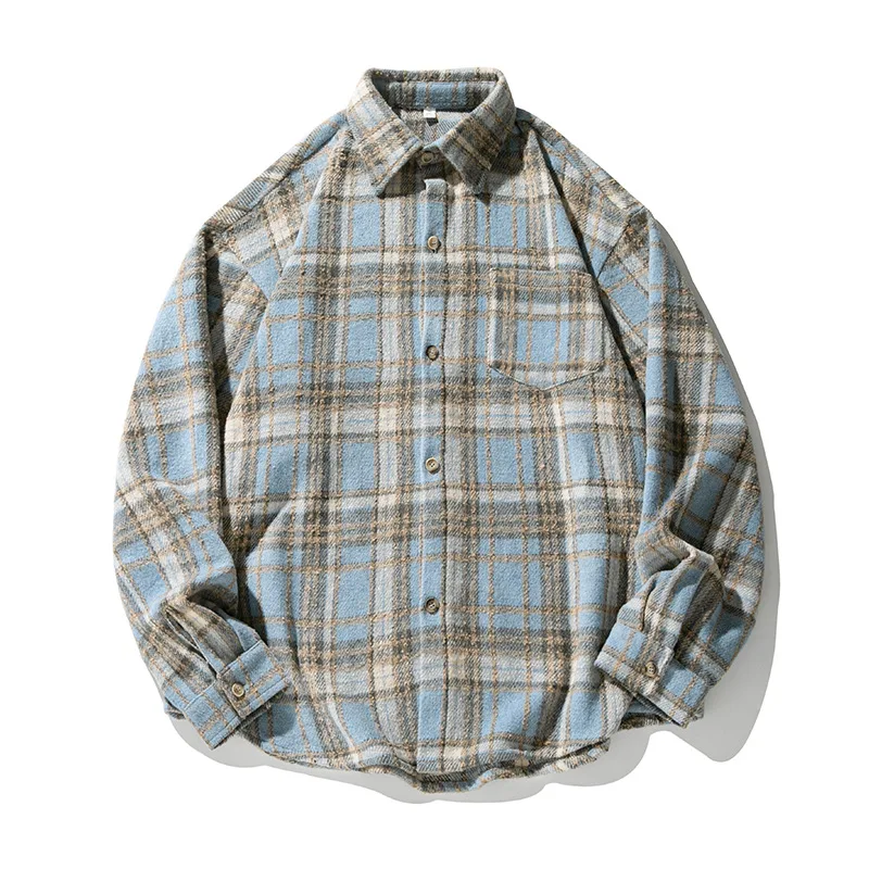 

Retro patterned long-sleeved button-down shirt for men - new style with collar and pocket - comfortable and loose-fitting coat