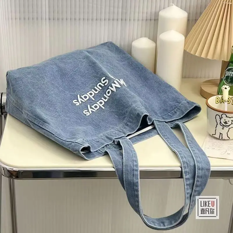 Vintage Denim Women's Shoulder Bags Embroidery Letter Girls Student Book Tote Bag Casual Female Large Capacity Shopping Handbags