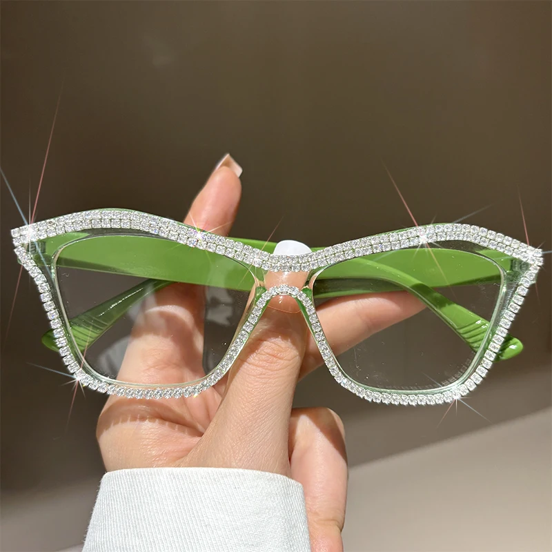 

New High-quality Diamond Inlaid Reading Glasses For Women Anti Blue Light Fashion Ultra Light Green White Prescription Glasses