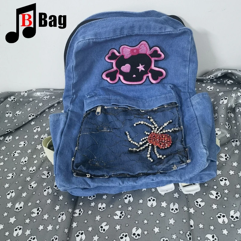 Bông Tai Kẹp Nữ Cô Gái Nhỏ Dễ Thương Đầu Lâu Denim Vai Túi Ba Lô Học Sinh Công Suất Lớn Ba Lô Túi Sách Đi Lại Túi Xách