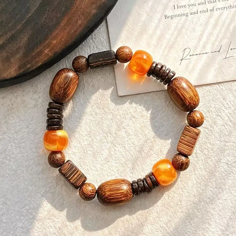 Melard natural agarwood and amber color-block bracelet