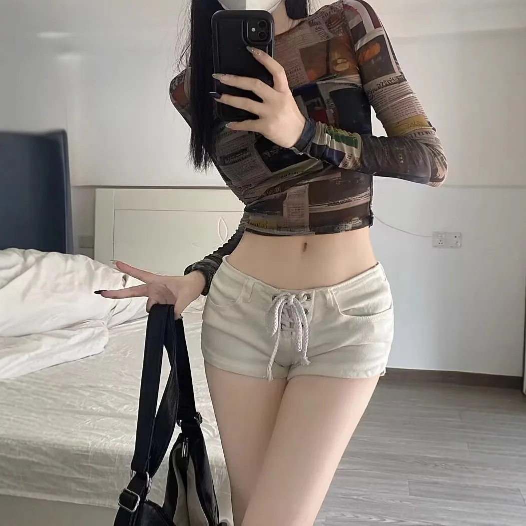 

Low Waist Denim Shorts Women's Summer Slimming Leg Lengthening Belted Wrap around Hot Pants Cotton Commute Style Tight Fit