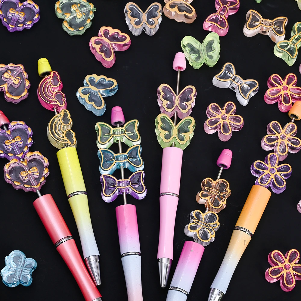 20 Stück goldfarben verzierte transparente Acrylperlen in Schmetterlings-, Herz- und Blumenform als Abstandshalterperlen für die Schmuckherstellung, DIY-Armbänder und Halsketten – Detail 5
