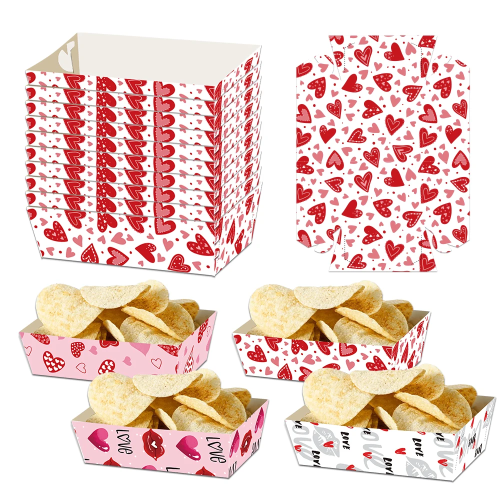 Bandejas de papel desechables para comida del Día de San Valentín, 4/8 Uds., corazón rojo, estampado de marca de labio, suministros de bandejas para aperitivos para fiesta de boda y Día de San Valentín