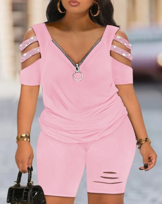 

Zipper splicing off shoulder short sleeved shorts set for 2025 fashion and casual V-neck spring and summer new collection