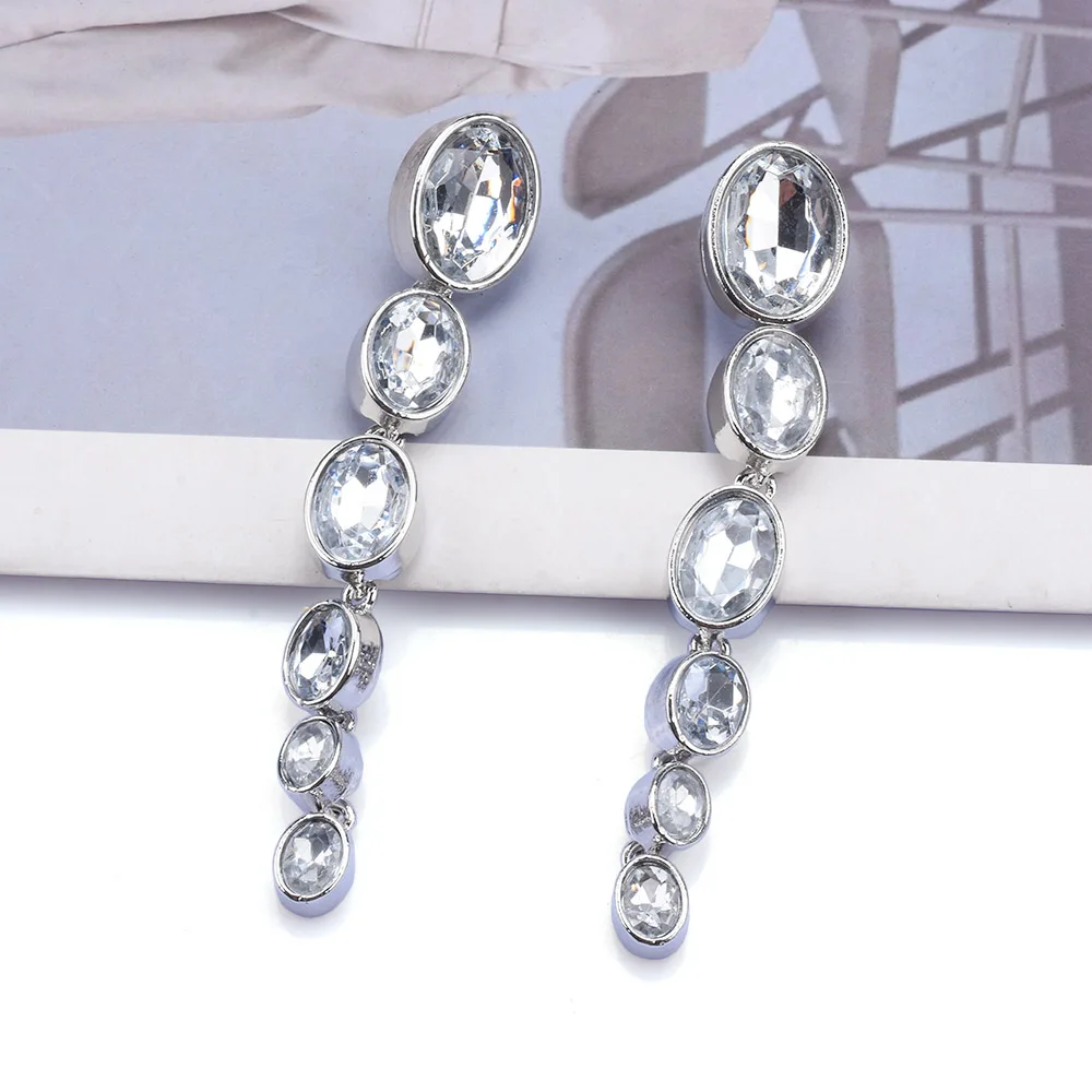 2025 New Fashion Inlay Crystal Oval Metal Shape Long Link Earrings Women Elegant Statement Indian Statement Earrings Jewelry