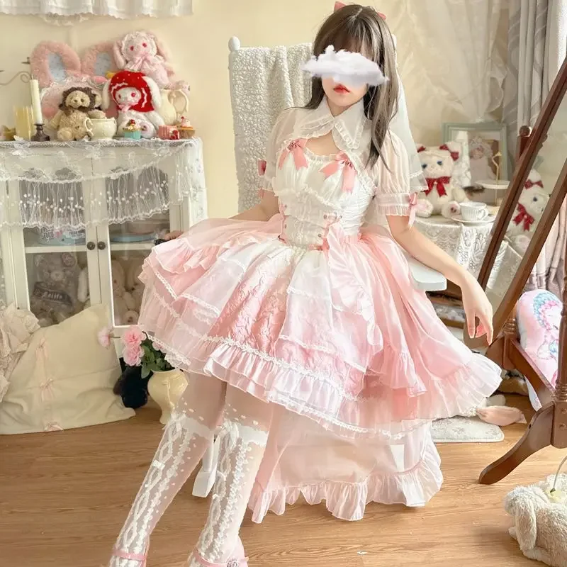 女性用リボン付きヴィンテージロリータドレス,女の子用カワイイミニドレス,花柄ウェディングドレス,プリンセスパーティー,エレガントでかわいい,日本の服,包帯