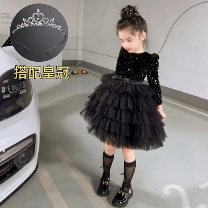 Girls Spring and Autumn Dress2025New white mesh cake dress with bowknot and sequins, sweet princess puffy dress
