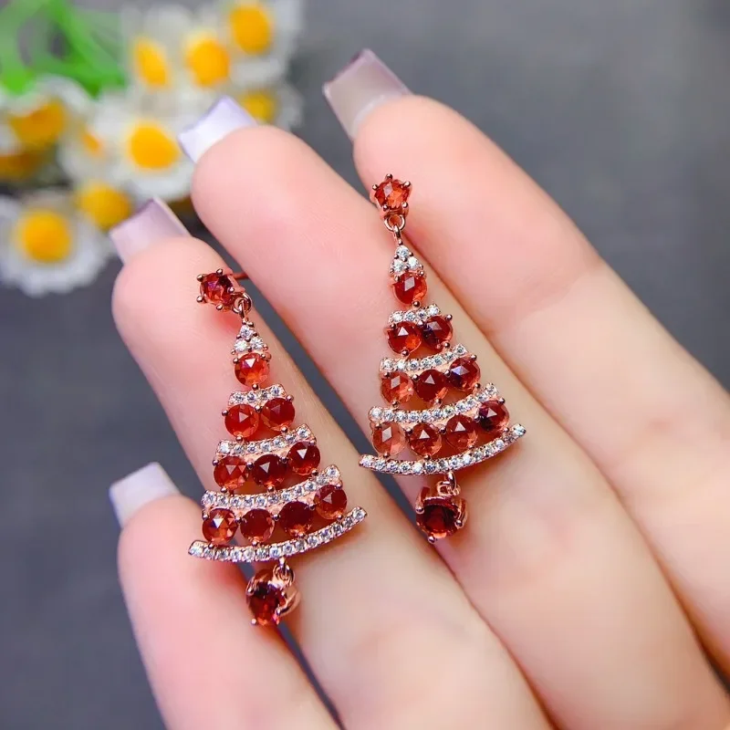 Fine Natural Garnt Christmas Tree Design  Earring 3x3mm Natural Gem  925 Silver Garnet Engagement Earring