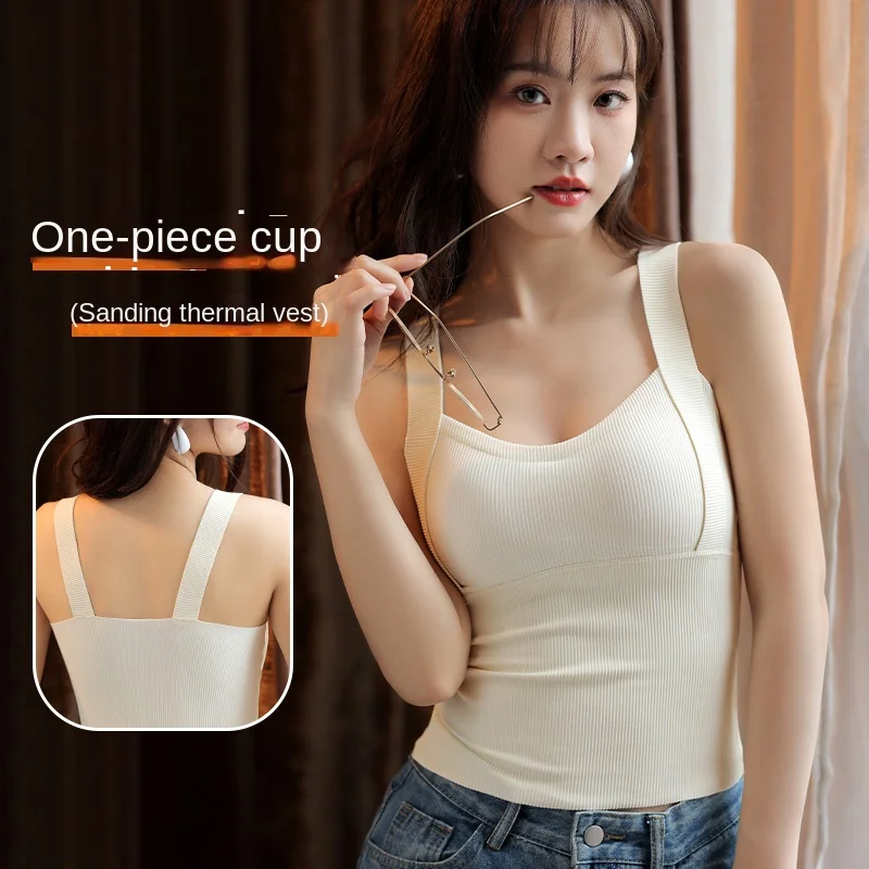 Winter Camisole Women's Plus Size Slim Fit Solid Soft Comfortable Bottoming Shirt Sleeveless Thin Top With Cups Lingerie M-XXL