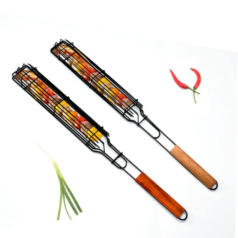 BBQ Grill Barbecue Rack, Wrought Iron Grill Net, Hot Dog Barbeque Clip, Wooden Handle Sausage Cage, Thickened Barbecue Cage