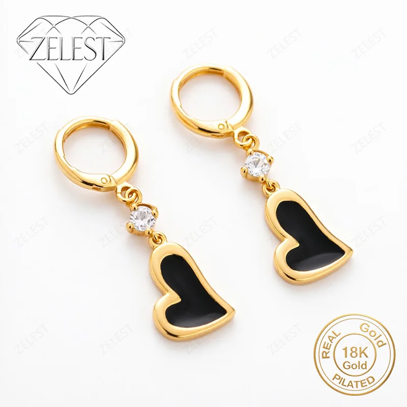 Exquisite 925 Silver 18K Gold-Plated Black Heart-Shaped Zircon Earrings – Stylish Party Jewelry for Women
