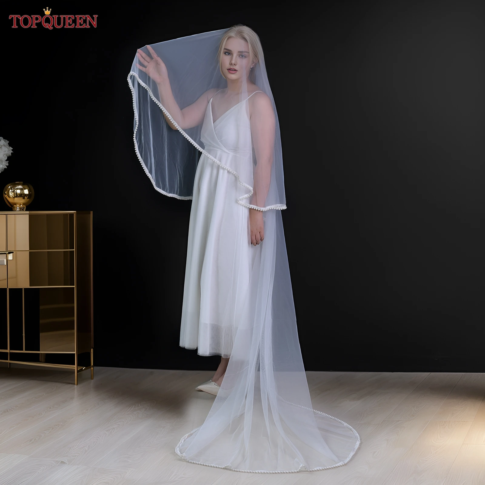 TOPQUEEN V124-velo de novia con Colorete, 2 capas de perlas, velos de boda con borde Veu de cuentas, accesorios para bodas y eventos de novia