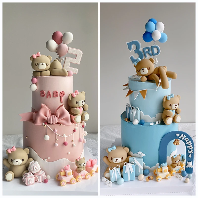 Pink Blue Bear Birthday Cake Toppers Decoration Boy Girl Happy One 1st Birthday Cake Baby Shower Bear Theme Party Gender Reveals