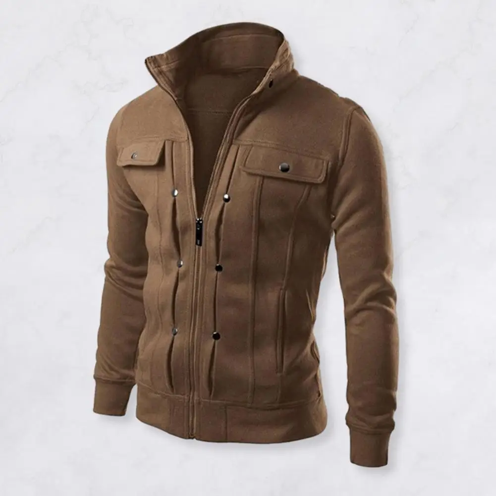 Men Outerwear Stylish Men\'s Spring Outerwear with Stand Collar Zipper Closure Casual Jacket for Autumn Solid Color Long for Men