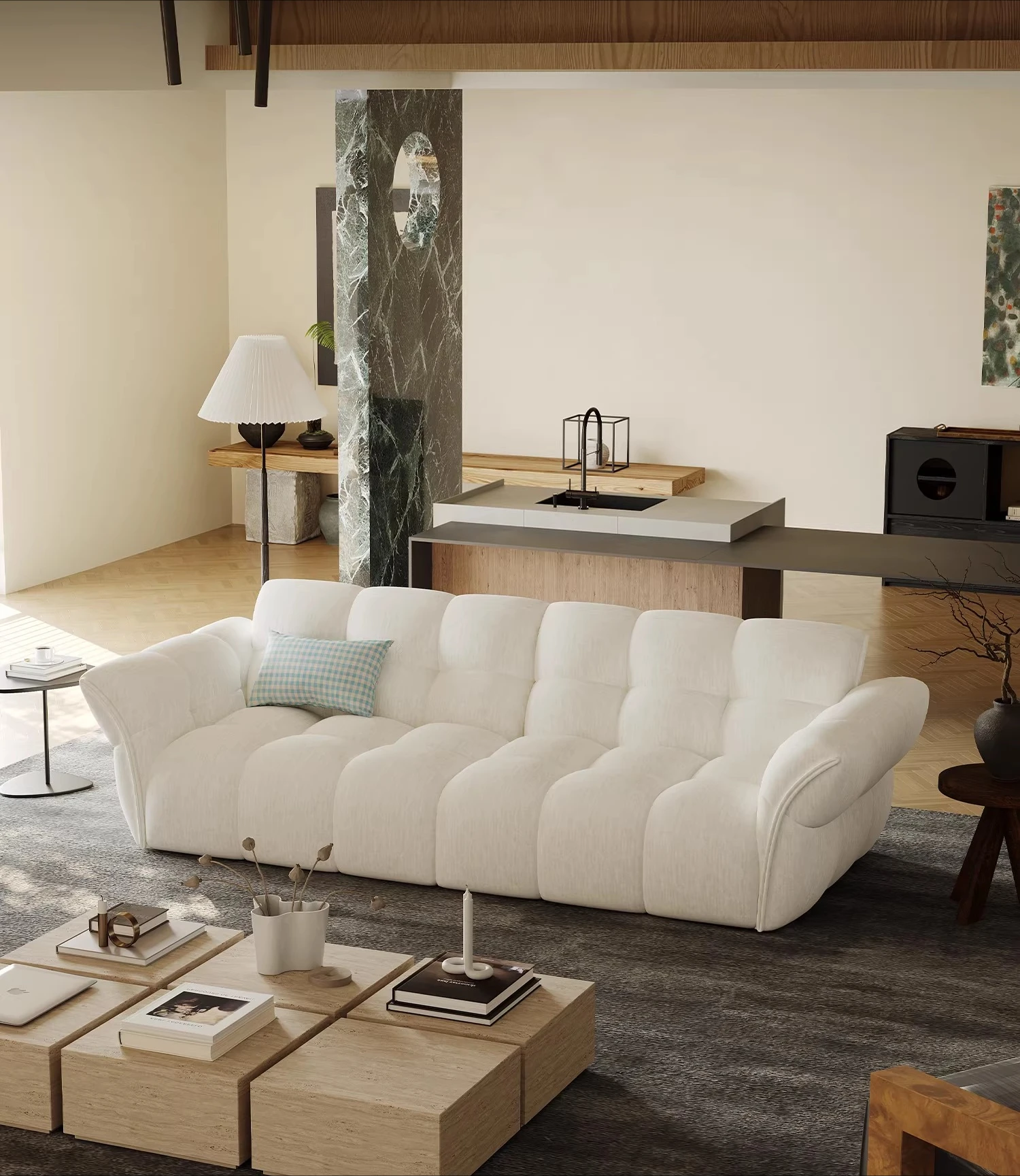 

Minimalist style lily sofa white fabric retro cream style small apartment living room three-person straight row sofa