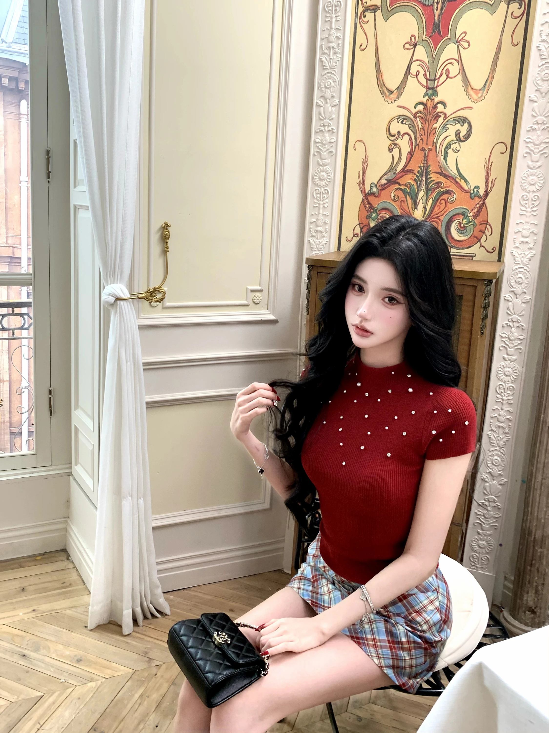 

Red Knitted Wool Blend Slim Fit Base irt Inner Wear Bubble Bead Women's Faion Spring Summer Top Sexy Girl Base Layer irt